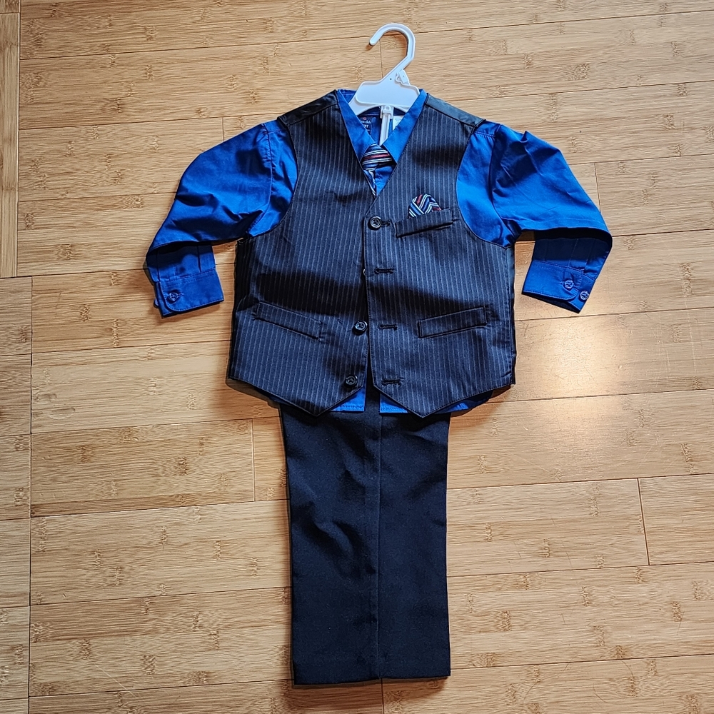 Boys vest set includes blue shirt, black pants, black vest with grey pin stripes